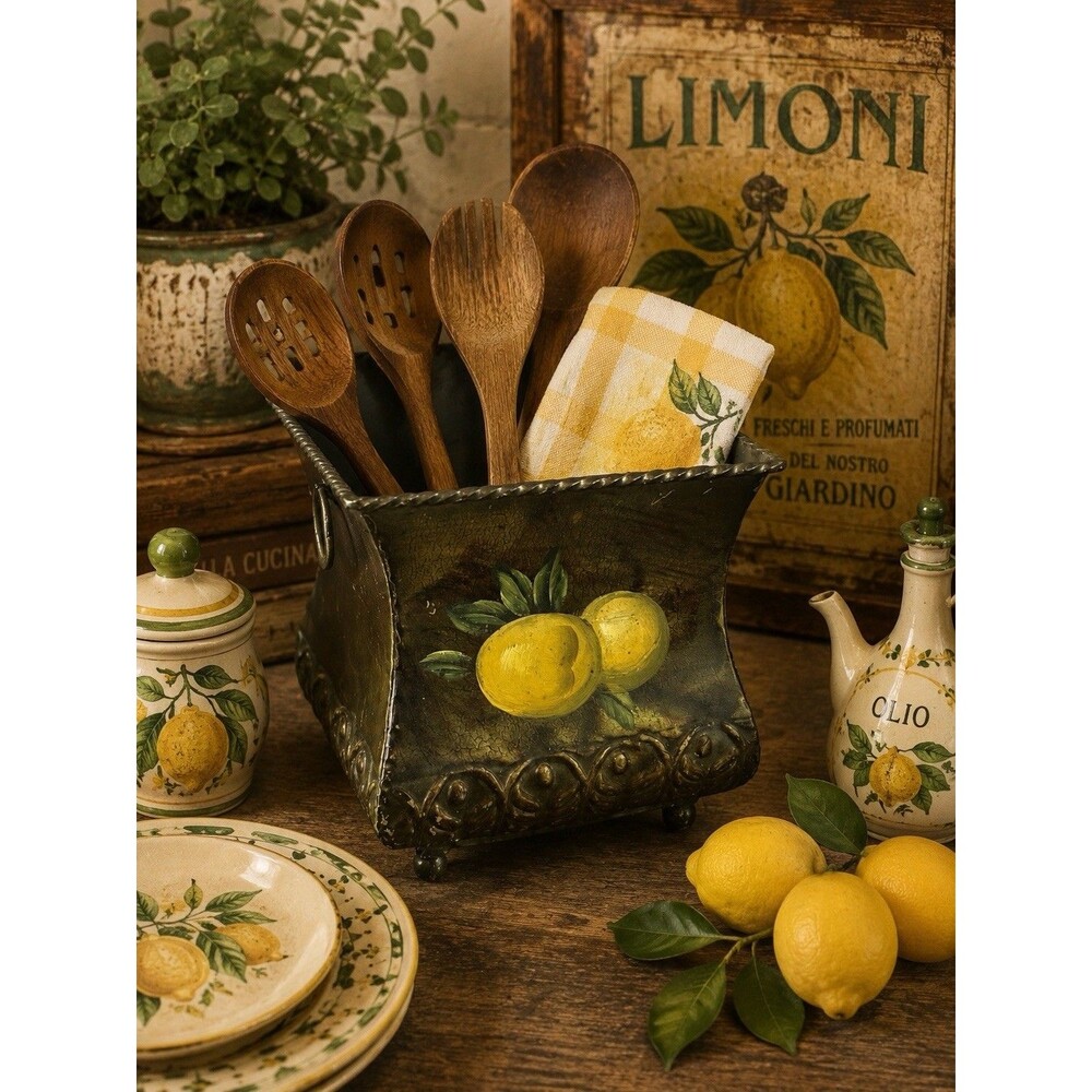 Vintage Toleware Lemon Cachepot Planter Metal Vase Rustic Farmhouse Decor Pot